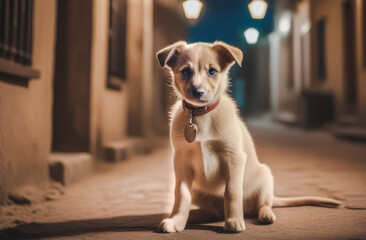Fototapeta premium A little stray puppy on the city's evening streets. the concept of protection, protection and care of animals