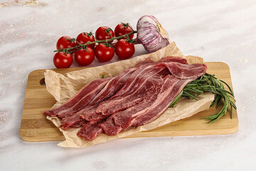 Raw beef bacon for cooking