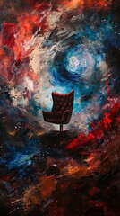 Abstract cosmic painting with red chair