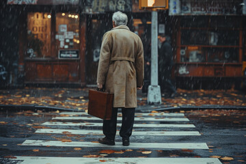 Elderly Man with Briefcase Crossing Wet Street.