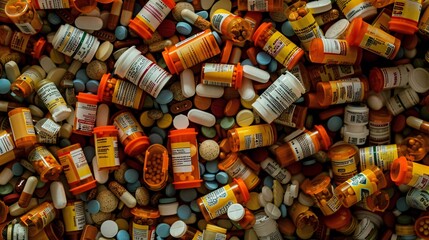 A chaos of numerous prescription vials representing the multitude of drugs consumed by the elderly and those with chronic illnesses. - obrazy, fototapety, plakaty