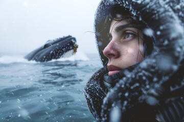 
Portrait of a person wrapped in warm clothing, their face illuminated by the soft light of a wintry sky, while a whale emerges gracefully from the cold waters behind them, evoking a sense of serenity