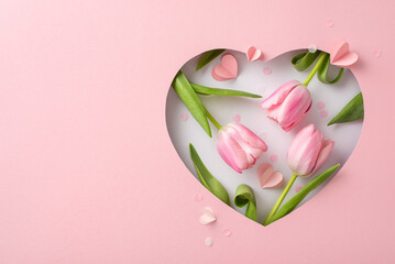 Mother's Day refined concept, seen from top view: fresh tulips, paper hearts, and stylish confetti...