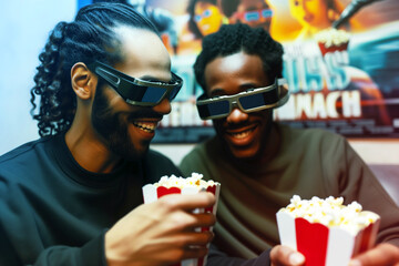 smiling couple wearing 3d glasses, sharing popcorn, movie poster visible