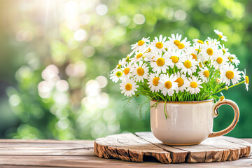 Spring - Chamomile Flowers In Teacup On Wooden Table In Garden