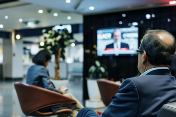 passenger watching news on tv in lounge waiting area - obrazy, fototapety, plakaty