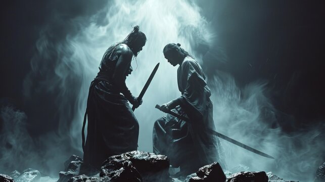 Battle's silhouette: Carving the essence of strife on dim backdrops.