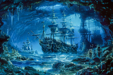 Ship in the sea,an underground ocean, a pirate ship in the foreground, fantasy city on island in the distance as focal point, dark colors, realistic, nighttime, stone ceiling, glowing lichen and moss