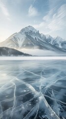 Frozen lake with clear ice patterns in front of snow-covered mountains