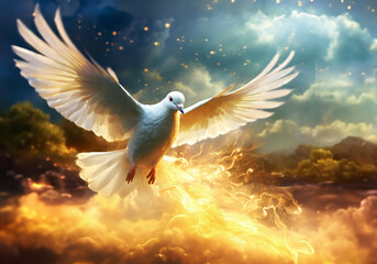 white pigeon flying with open wings emitting fire flame realistic illustration - obrazy, fototapety, plakaty