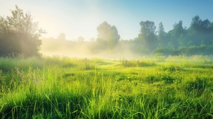 Obraz na płótnie Canvas Dawning Serenity: Lush Meadow and Forest Bathed in Sunrise - Generative AI