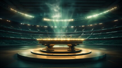 Central stage in an arena encircled by vacant chairs and flashes of light, ideal for showcasing your product on the verdant field of a soccer stadium. - obrazy, fototapety, plakaty
