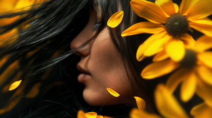 Zbliżenie na płatki kwiatów wplątane w farbowane kobiece włosy - obrazy, fototapety, plakaty