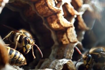 closeup of a hornets nest with worker hornets at the entrance - obrazy, fototapety, plakaty