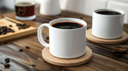 A close-up of a white mug full of black coffee, with steam rising, wood surface, and blurred background