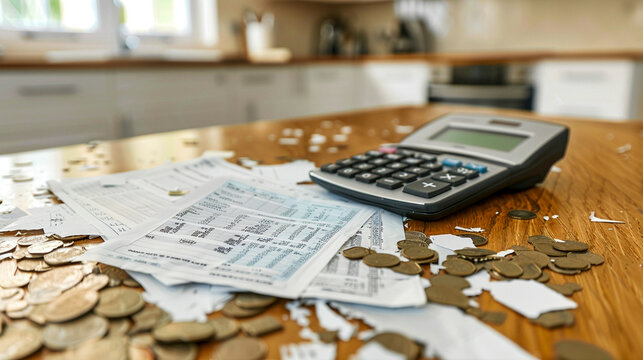 Close-up of scattered coins, calculator, and financial papers on a wooden table suggesting budgeting or tax calculation