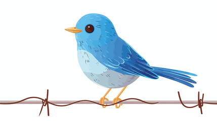 Cartoon blue bird cartoon sitting on wires flat vector - obrazy, fototapety, plakaty