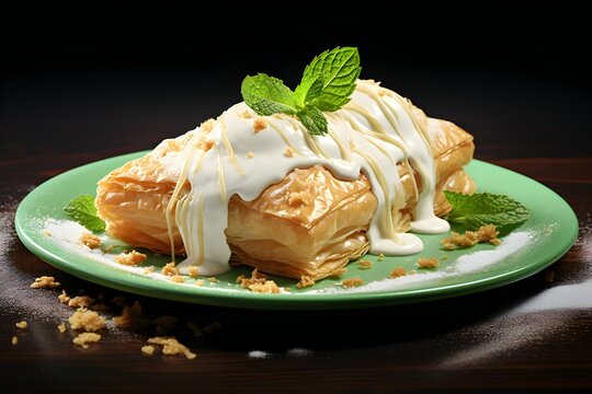 Apple strudel with cinnamon on green table , generated by AI
