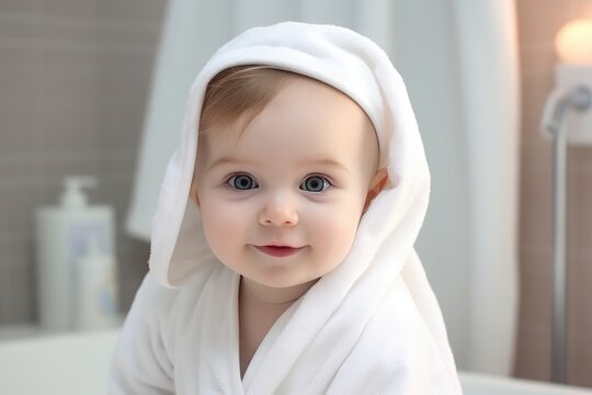 Portrait of a cute little baby wearing towel after bath , Adorable baby with blue eyes in a towel after a bath, Ai generated