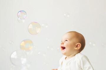laughing baby steps towards bubbles floating in the air