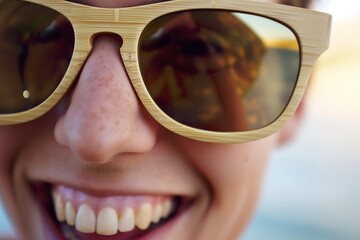 bamboo sunglasses on smiling persons face