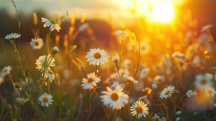 Fototapeta na wymiar Golden Hour Glow Over Wildflower Meadow - Peaceful Sunset Harmony - Generative AI