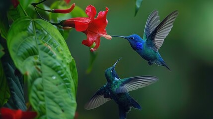 Naklejka premium Dance of the Violet Sabrewings: Hummingbirds’ Ballet by the Blossoms Generative AI