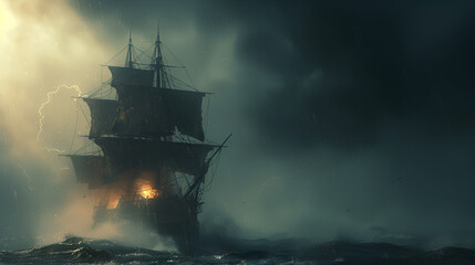 Fototapeta premium A huge pirate ship sails on a stormy sea, generative Ai