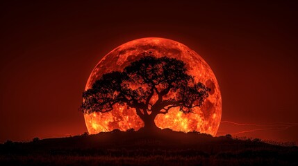 Silhouette of a tree against a full moon - obrazy, fototapety, plakaty