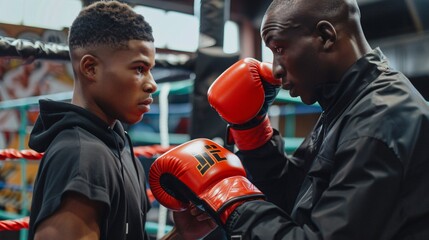 A youthful boxer getting ready for training with his mentor assisting him in putting on his boxing mitts. Sports lifestyle martial arts idea. - obrazy, fototapety, plakaty