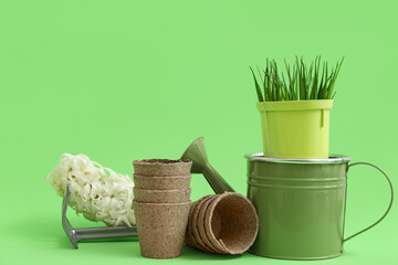 Gardening tools and flowers on green background