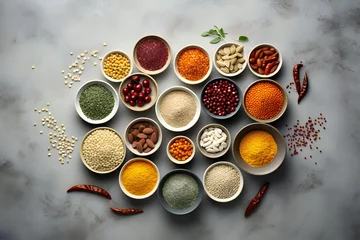Fotobehang Various aromatic spices and herbs on a gray table, generated ai © Полина Сова