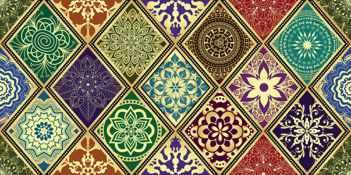 Vector hand drawn seamless pattern with colorful  rhombuses with golden mandalas. Islam, Arabic, Indian, ottoman motifs. Perfect for printing on fabric or paper.