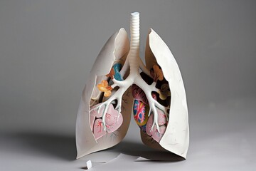 lung model with sections cut away to reveal internal anatomy