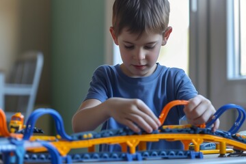 boy with a toy train set assembling tracks