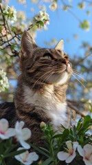 Tabby cat enjoying spring blooms