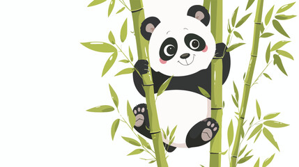 Cartoon Cute funny baby panda hanging on a bamboo tre - obrazy, fototapety, plakaty