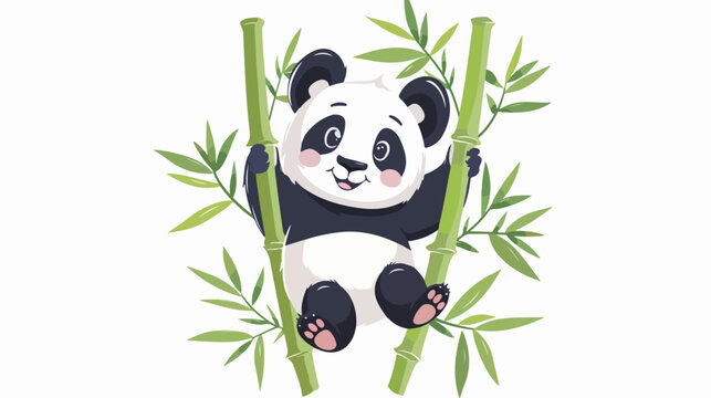 Cartoon Cute funny baby panda hanging on a bamboo tre