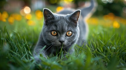 Naklejka na ściany i meble British Shorthair Cat's Intense Outdoor Stalk Generative AI