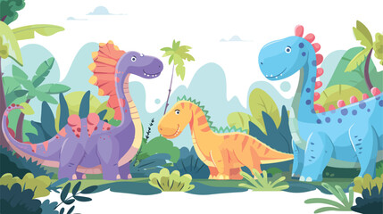 Cartoon dinosaurs in the jungle flat vector isolated