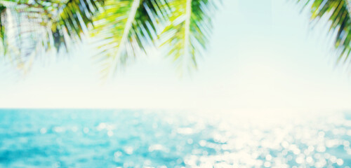 Blurred sunny sea landscape with sun, sea, palm leaves