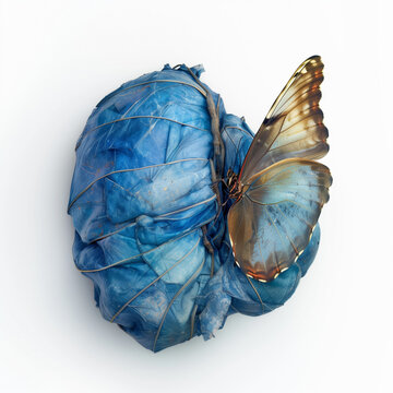 Blue butterfly cocoon closed chrysalis blank white background