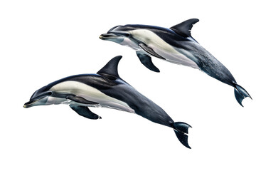 Two Black and White Dolphins Jumping in the Air - obrazy, fototapety, plakaty