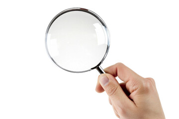 Hand Holding Magnifying Glass on White Background