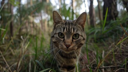 Naklejka na ściany i meble Tabby Cat's Exploration in the Wild - A Close Encounter Generative AI