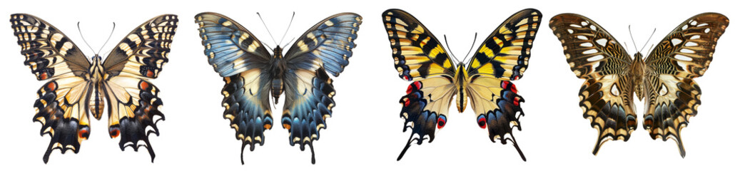 Beautiful colorful butterflies collection, isolated on transparent background.  - obrazy, fototapety, plakaty