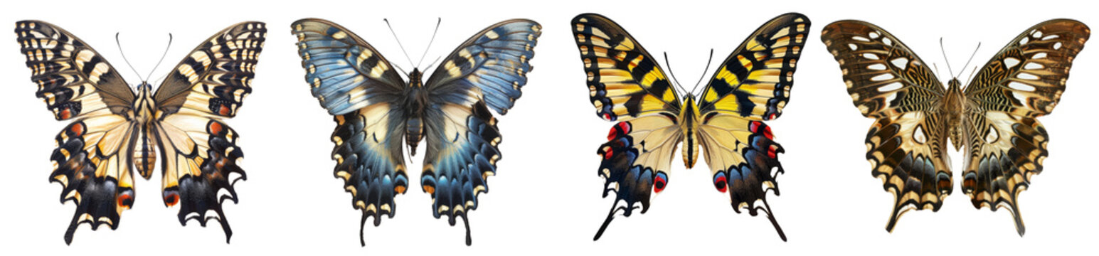 Beautiful colorful butterflies collection, isolated on transparent background. 