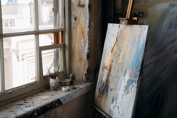 Obraz premium artist painting a canvas propped on an easel adjacent to the windowsill