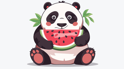 Cartoon funny panda eating watermelon flat vector 