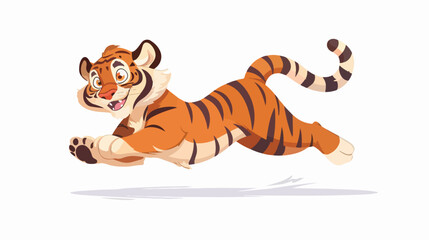 Obraz na płótnie Canvas Cartoon funny tiger jumping on white background flat